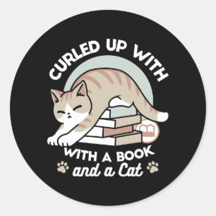 Book Lover Cat Illustration - Curled Up & Cozy Classic Round Sticker