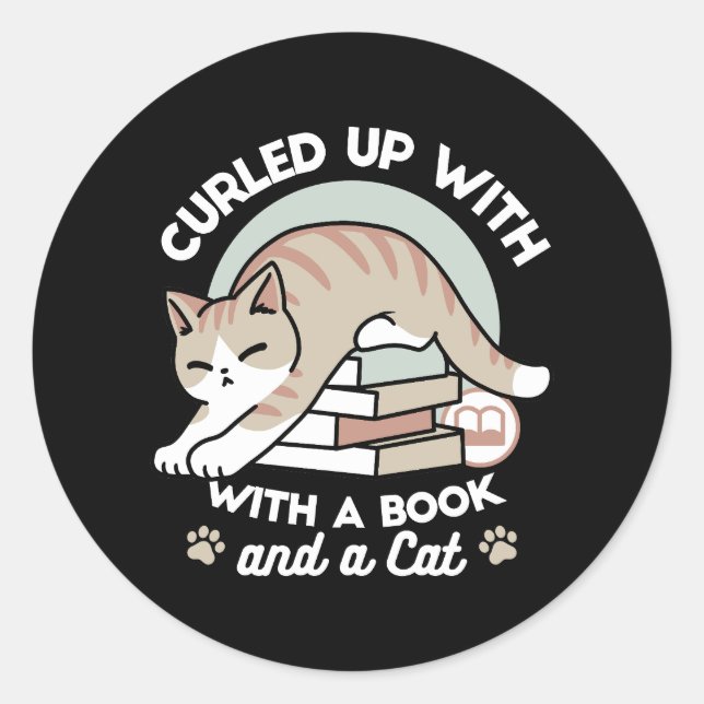 Book Lover Cat Illustration - Curled Up & Cozy Classic Round Sticker (Front)
