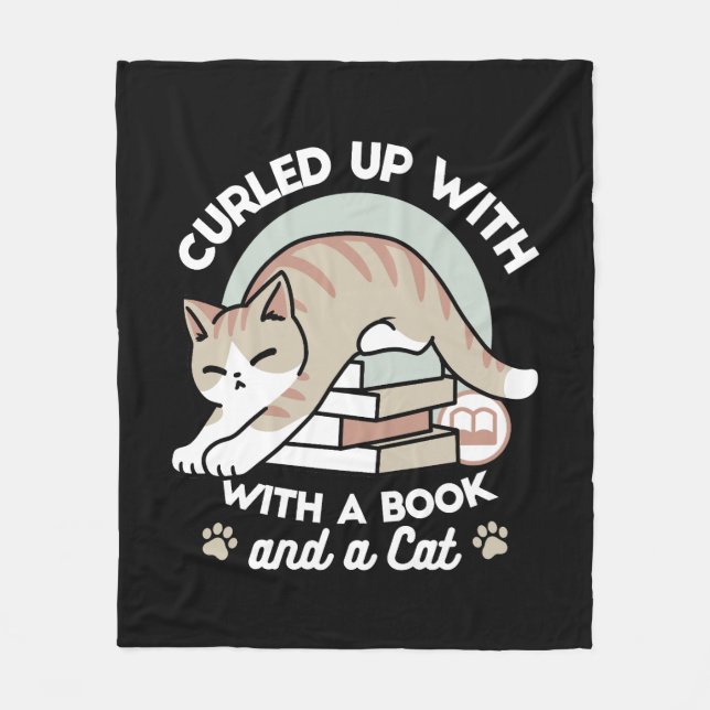 Book Lover Cat Illustration - Curled Up & Cozy Fleece Blanket (Front)