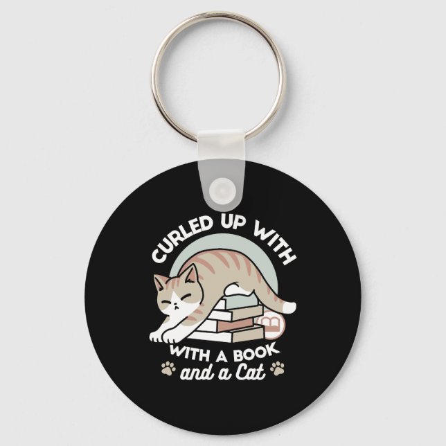 Book Lover Cat Illustration - Curled Up & Cozy Keychain (Front)