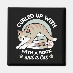 Book Lover Cat Illustration - Curled Up & Cozy Magnet