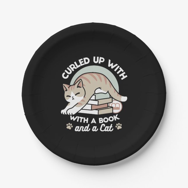 Book Lover Cat Illustration - Curled Up & Cozy Paper Plate (Front)