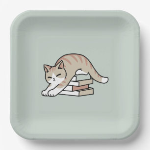Book Lover Cat Illustration - Curled Up & Cozy Paper Plate