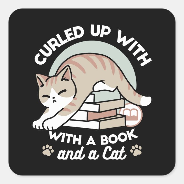 Book Lover Cat Illustration - Curled Up & Cozy Square Sticker (Front)