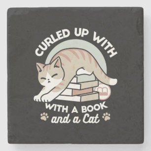 Book Lover Cat Illustration - Curled Up & Cozy Stone Coaster