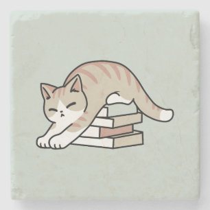 Book Lover Cat Illustration - Curled Up & Cozy Stone Coaster