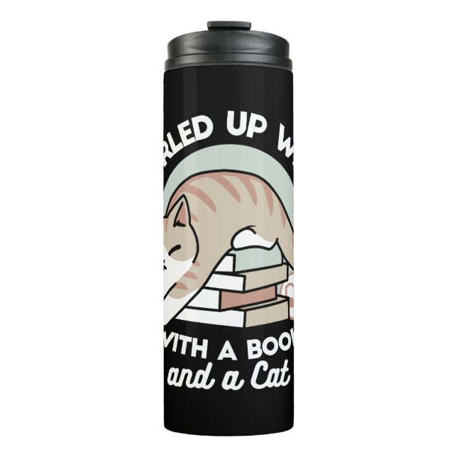 Book Lover Cat Illustration - Curled Up & Cozy Thermal Tumbler (Front)
