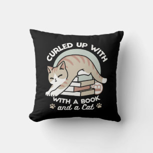 Book Lover Cat Illustration - Curled Up & Cozy Throw Pillow
