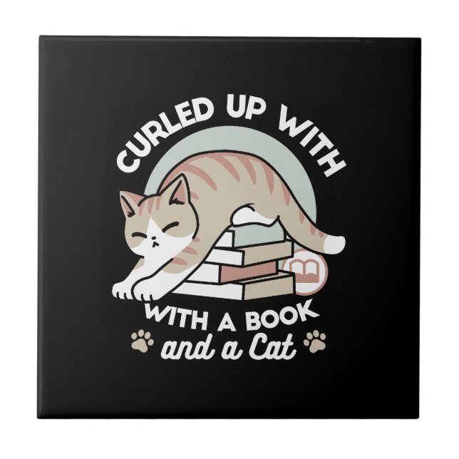 Book Lover Cat Illustration - Curled Up & Cozy Tile (Front)