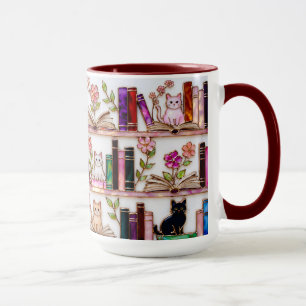 Book Lover Cat Mug Floral Bookshelf Gift