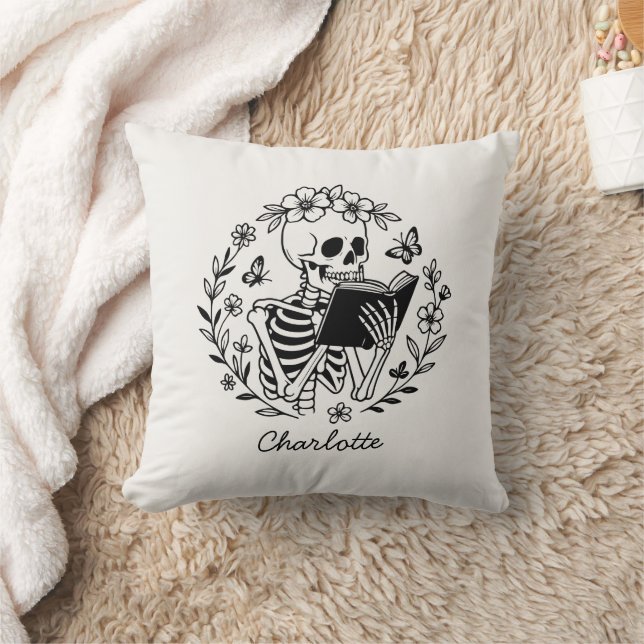 Book Lover Funny Reading Skeleton Personalized Throw Pillow (Blanket)