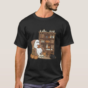 Book Lover Ghost Cozy Reading Library Black Cat Ha T-Shirt