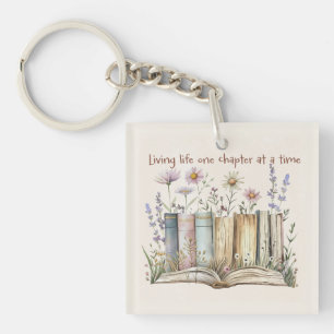 Book Lover Gift with Floral and Book Stack Design Keychain