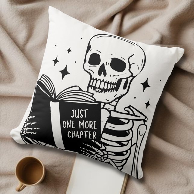 Book Lover Just One More Chapter Skeleton Reader Throw Pillow (Creator Uploaded)