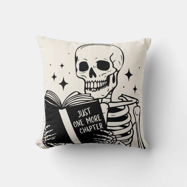 Book Lover Just One More Chapter Skeleton Throw Pillow (Front)