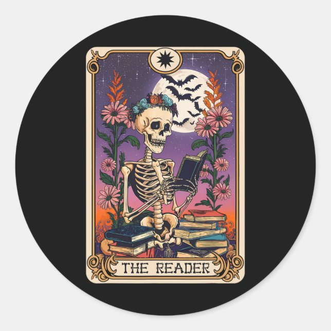 Book Lover Tarot Card The Reader Mystic Funny Skel Classic Round Sticker (Front)