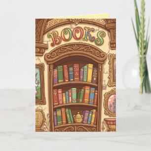 Book Lovers Cute Cartoon Bookshelf Cheerful Colour Card