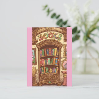 Book Lovers Cute Cartoon Bookshelf Cheerful Colour Postcard