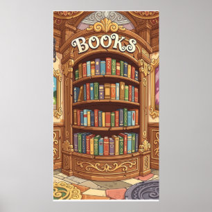 Book Lovers Cute Colourful Cartoon Bookshelf  Poster