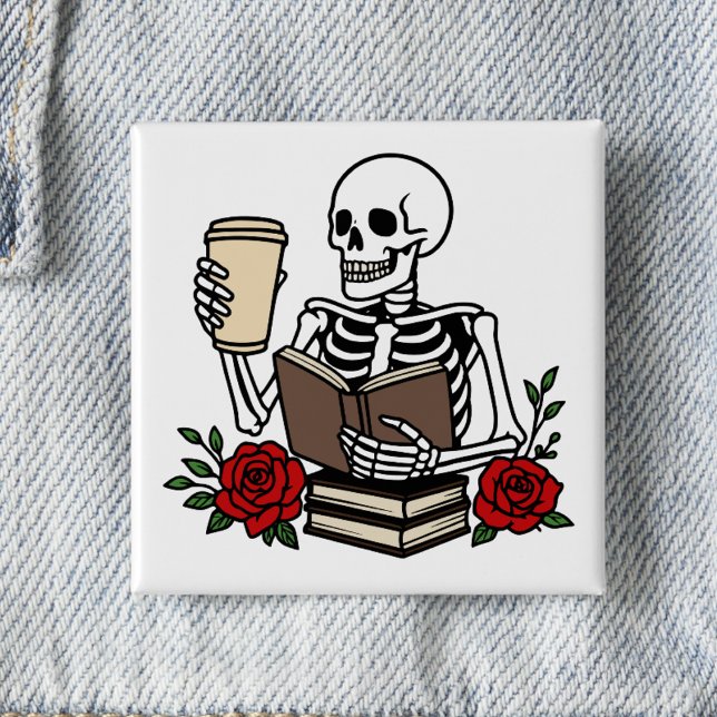 Book Lover's Funny Books and Coffee Skeleton  2 Inch Square Button (Creator Uploaded)