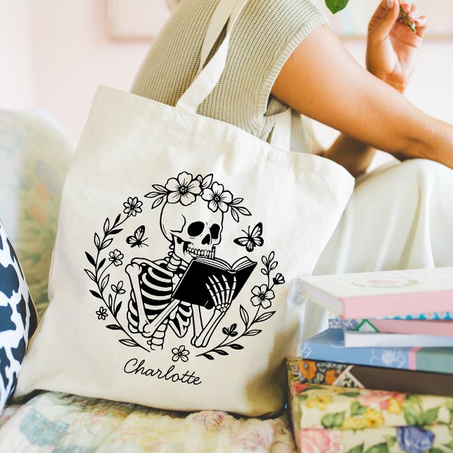 Book Lover's Funny Reading Skeleton Personalized Tote Bag (Creator Uploaded)