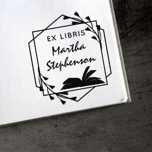 Book lover's Modern Botanical Geometric Ex Libris Rubber Stamp