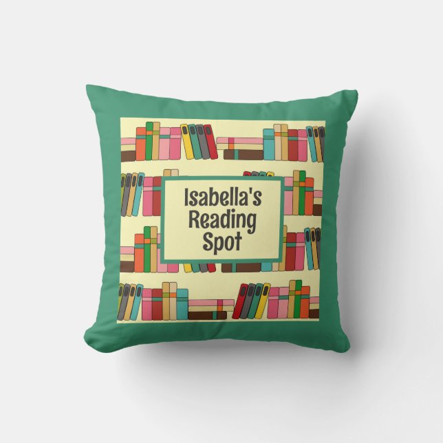 Book Lovers Reading Spot Green Bookshelf Bookish  Throw Pillow (Front)
