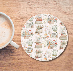 Book Mushroom Floral Whimsical Cottagecore pattern Coaster