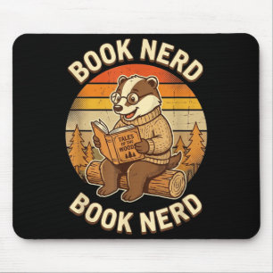 Book nerd funny reading badger retro sunset design mouse pad
