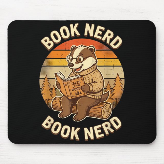 Book nerd funny reading badger retro sunset design mouse pad (Front)