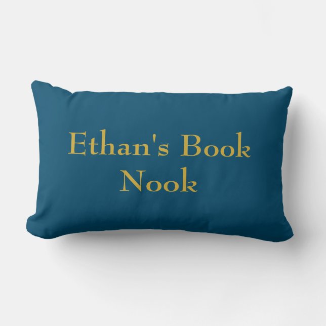 Book nook cushion, blue & gold, customizable lumbar pillow (Front)