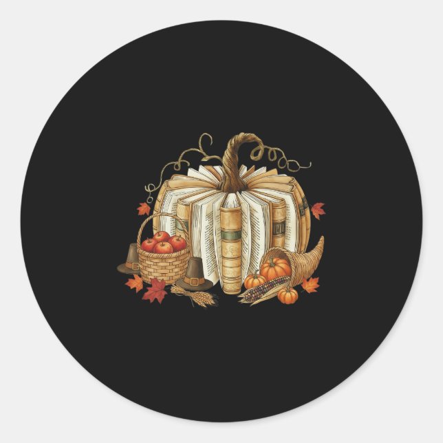 Book Pumpkin Fall Reading Thanksgiving Teacher Lib Classic Round Sticker (Front)