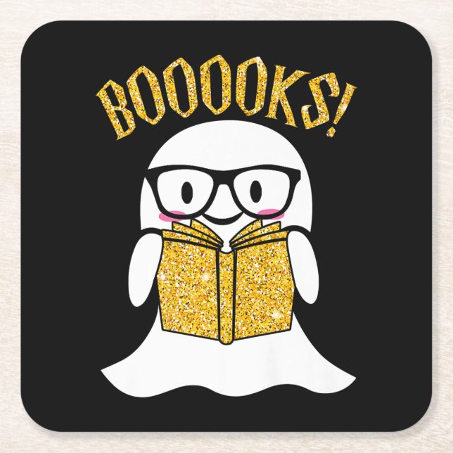 book reader nerd halloween ghost reading book gift square paper coaster (Front)