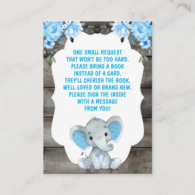 Book Request Boy Elephants Shower Blue Ticket Enclosure Card (Front)