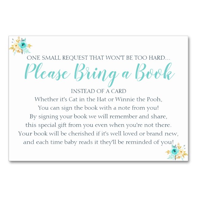 Book Request Gold Teal Floral Baby Shower Card (Front)