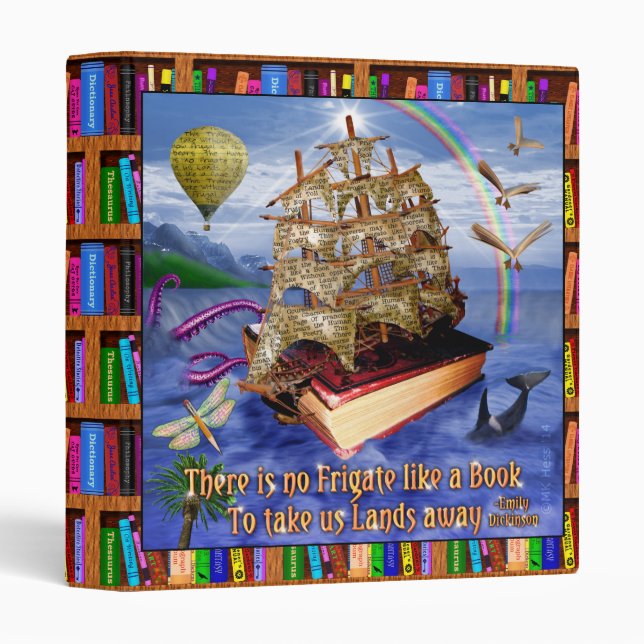 Book Ship Ocean Scene with Emily Dickinson Quote Binder (Front/Spine)