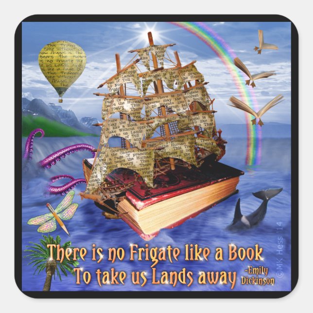 Book Ship Ocean Scene with Emily Dickinson Quote Square Sticker (Front)
