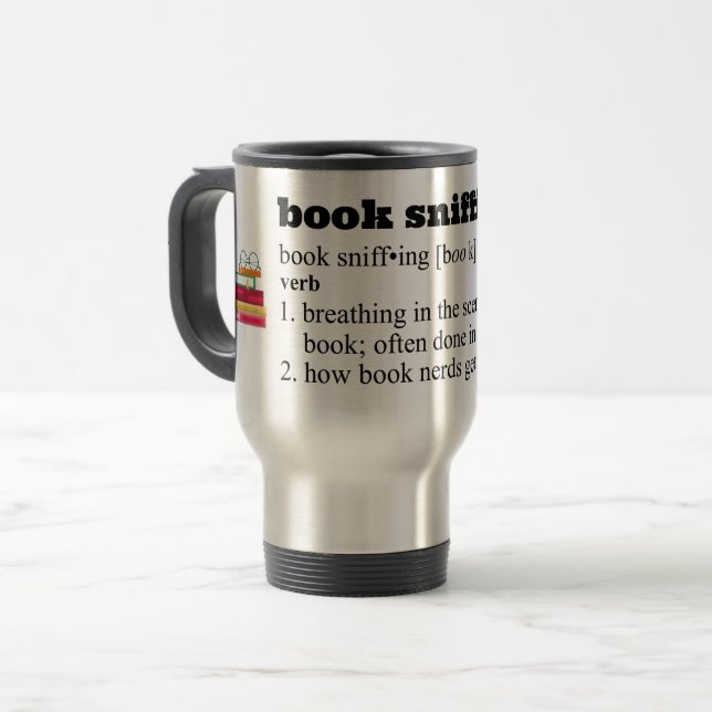Book Sniffing Thermal Travel Mug (Front Left)