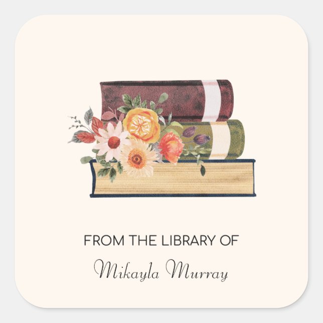 Book Stack and Flowers Personalized Bookplate Square Sticker (Front)
