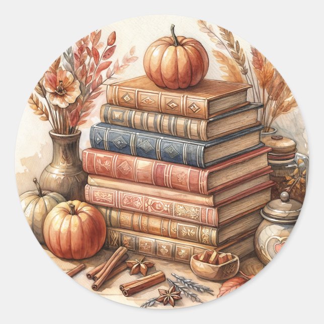 Book Stack and Pumpkins Autumn Classic Round Sticker (Front)