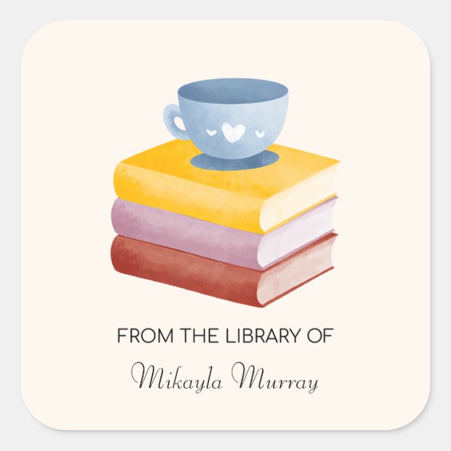 Book Stack & Coffee Cup Personalized Bookplate Square Sticker (Front)