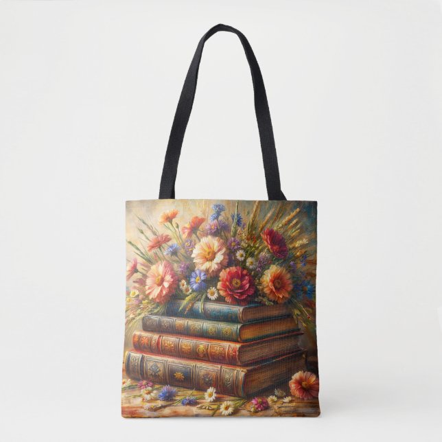Book Stack Floral Painting Tote Bag (Front)