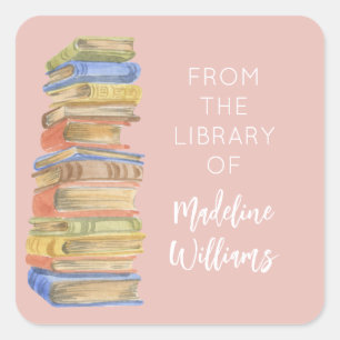 Book Stack From the Library Of Name Bookplate  Square Sticker