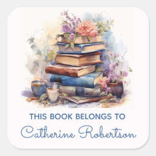 Book Stack This Book belongs to Name Bookplate Square Sticker