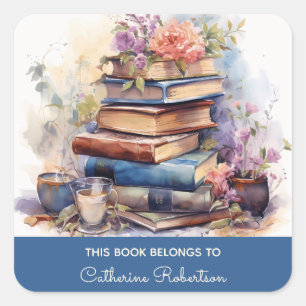 Book Stack This Book belongs to Name Bookplate Square Sticker