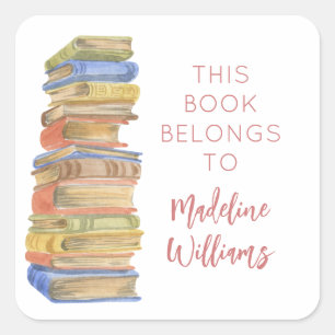 Book Stack This Book Belongs To Name Bookplate  Square Sticker
