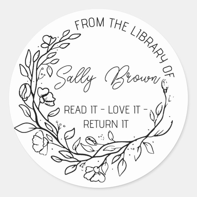 Book stickers, bookplate book stamp Custom floral Classic Round Sticker (Front)