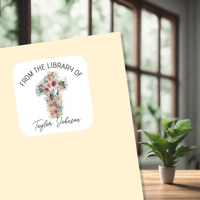 Book stickers, bookplate floral cross church square sticker (Creator Uploaded)