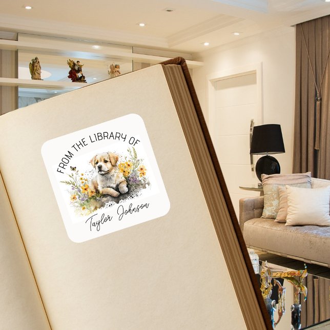 Book stickers, bookplate floral dog puppy square sticker (Creator Uploaded)