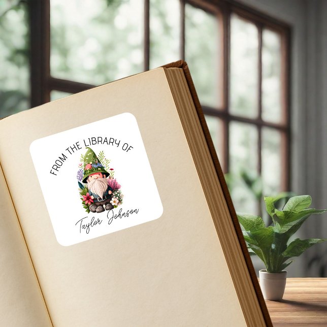 Book stickers, bookplate floral garden gnome square sticker (Creator Uploaded)